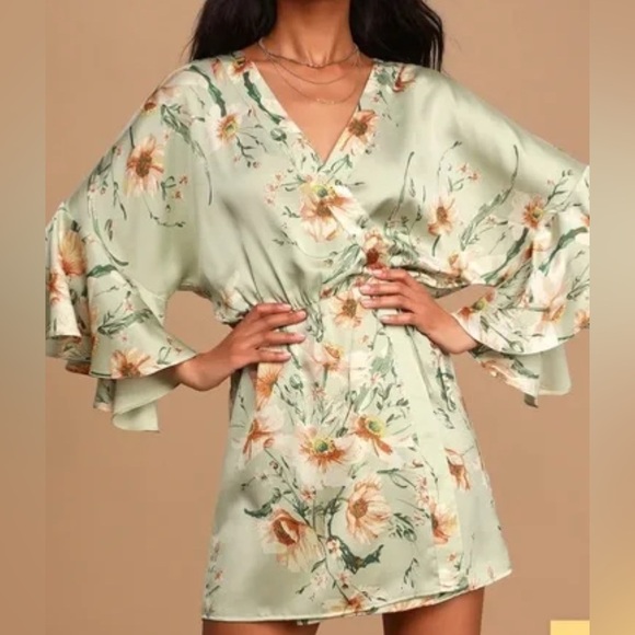 Lulus Dresses & Skirts - Lulu’s Give Me Love Sage Green Wrap Dress with Bell Sleeves XS